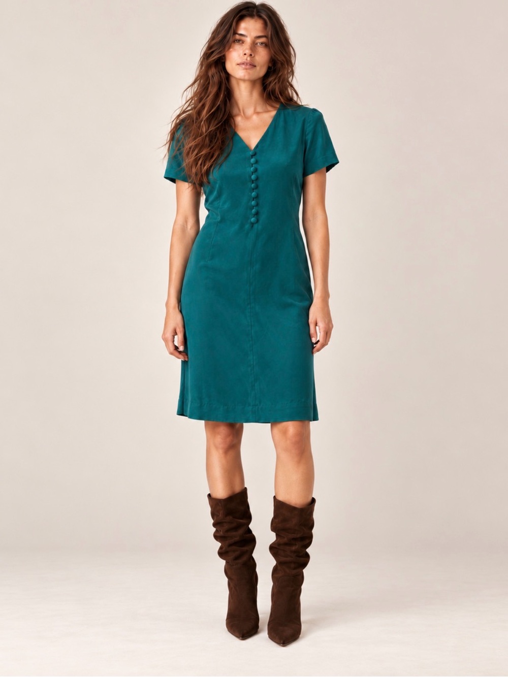 Vintage Liz Claiborne 100% Silk Teal V-Neck Sheath Dress Size 4